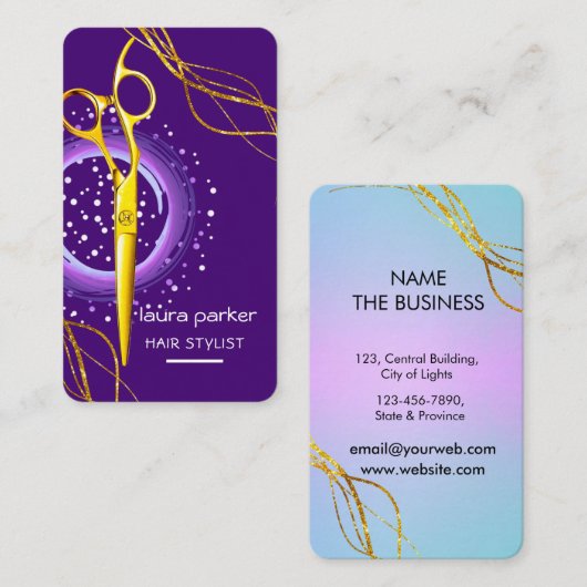 Haar Stylist Gouden Schaar Paarse Salon Spa Visitekaartje (Voorkant / Achterkant)