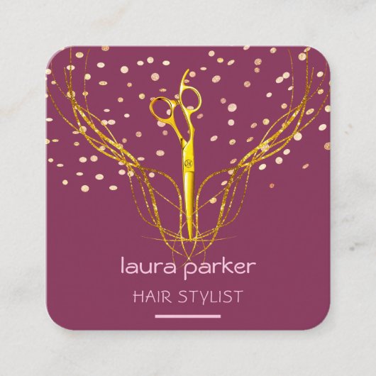 Haar Stylist Gouden Schaar Roze Elegant Salon Vierkante Visitekaartje (Voorkant)
