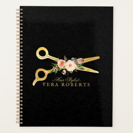 Haar Stylist Gouden Schaar Zwart Damast Luxe Planner (Voorkant)
