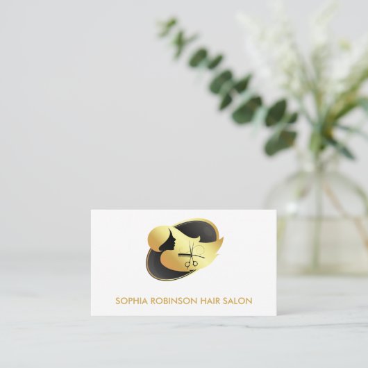 Haar Stylist Gouden Script Schaar Kam Custom Visitekaartje (Staand voorkant)