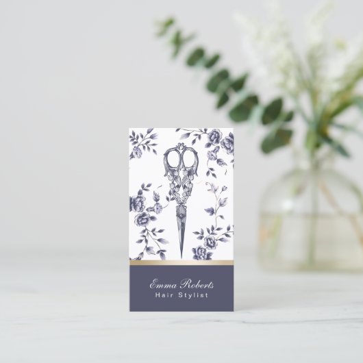 Haar Stylist Haarsalon  Blauw Bloemen Visitekaartje (Staand voorkant)