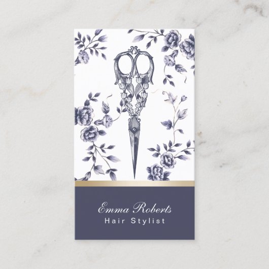 Haar Stylist Haarsalon  Blauw Bloemen Visitekaartje (Voorkant)