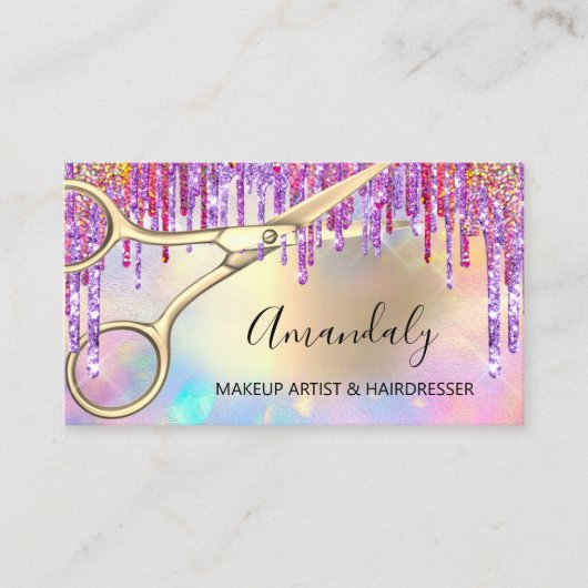 Haar Stylist Hairdresser Gold Scissors Holographic Visitekaartje (Voorkant)