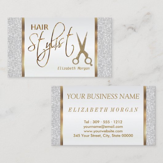 Haar Stylist in een Witte Glitter en Gold Visitekaartje (Voorkant / Achterkant)