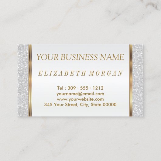 Haar Stylist in een Witte Glitter en Gold Visitekaartje (Achterkant)