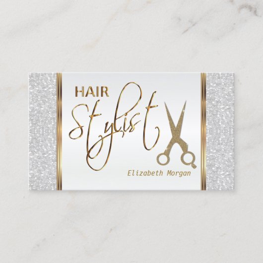Haar Stylist in een Witte Glitter en Gold Visitekaartje (Voorkant)