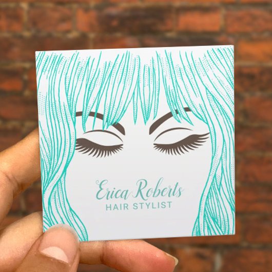 Haar Stylist Leuke Blauwgroen Haar Meisje Schoonhe Vierkante Visitekaartje