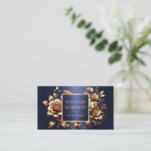 Haar Stylist Luxe Goud 3D Bloemen Marine Blauw Sal Visitekaartje (Staand voorkant)