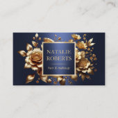 Haar Stylist Luxe Goud 3D Bloemen Marine Blauw Sal Visitekaartje (Voorkant)