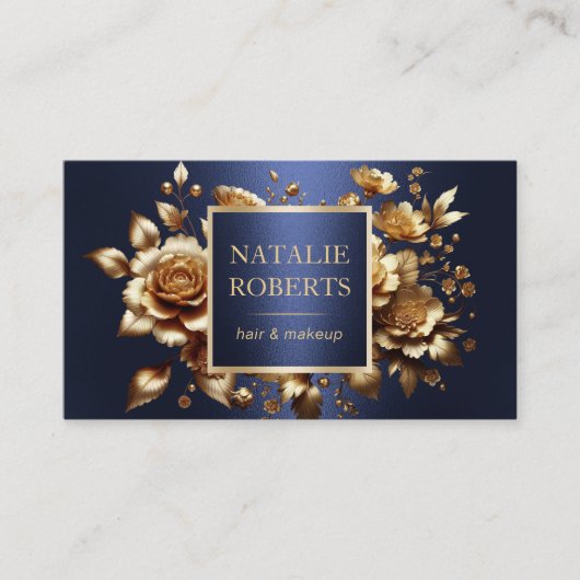 Haar Stylist Luxe Goud 3D Bloemen Marine Blauw Sal Visitekaartje (Voorkant)