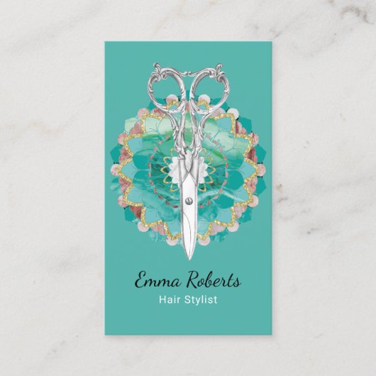 Haar Stylist Mandala Bloem Schaar Turquoise Visitekaartje (Voorkant)