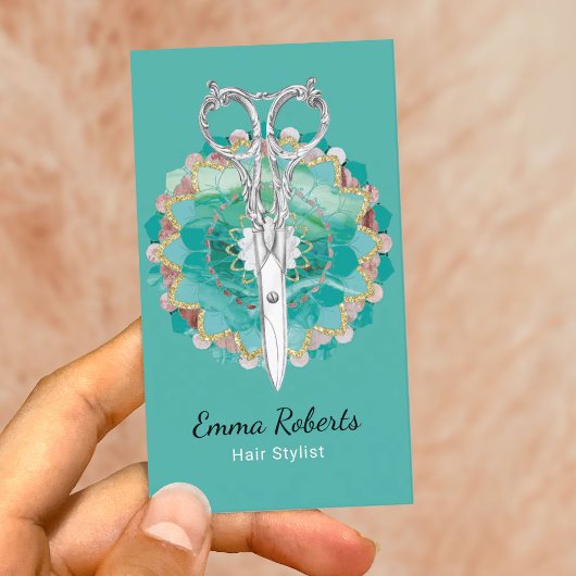 Haar Stylist Mandala Bloem Schaar Turquoise Visitekaartje