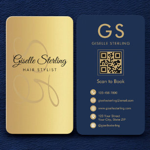 Haar Stylist Marine Blauw Goud Monogram QR Code Visitekaartje