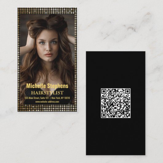 Haar Stylist Metallic Gold + Zwart QR Code Visitekaartje (Voorkant / Achterkant)