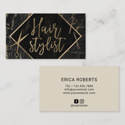 Haar Stylist Modern Gold Script Modern Marble Visitekaartje (Voorkant / Achterkant)