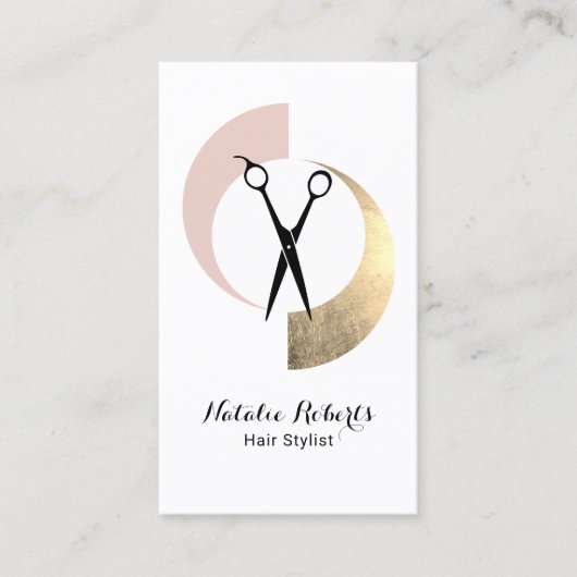 Haar Stylist Modern Goud Blush Roze Schaar Salon Visitekaartje (Voorkant)