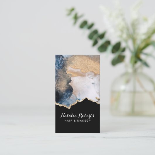 Haar Stylist Modern Navy & Gold Waterverf Salon Visitekaartje (Staand voorkant)