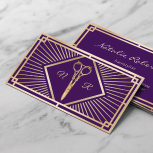 Haar Stylist Modern Paarse & Gouden Art Deco Salon Visitekaartje