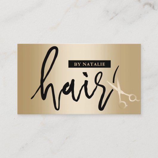 Haar Stylist Modern Script Gouden Schaar Salon Visitekaartje (Voorkant)