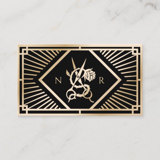 Haar Stylist Moderne Art Deco Zwart & Goud Salon Visitekaartje (Voorkant)
