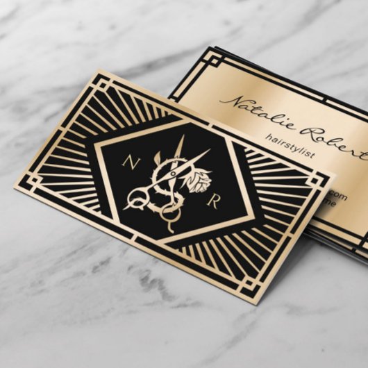 Haar Stylist Moderne Art Deco Zwart & Goud Salon Visitekaartje