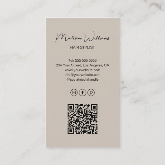Haar Stylist Moderne Boog Foto Beige Visitekaartje (Achterkant)