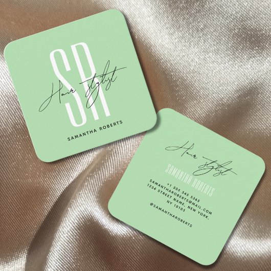 Haar stylist moderne munt monogram initialen vierkante visitekaartje
