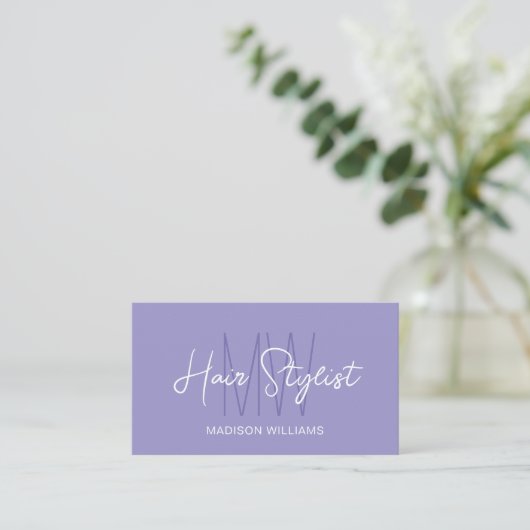 Haar stylist Monogram Logo Paarse Visitekaartje (Staand voorkant)