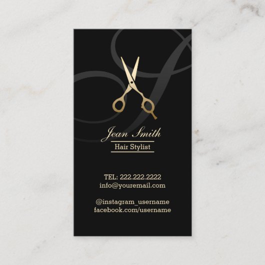 Haar Stylist Monogram Script Gold Scissor Modern Visitekaartje (Voorkant)