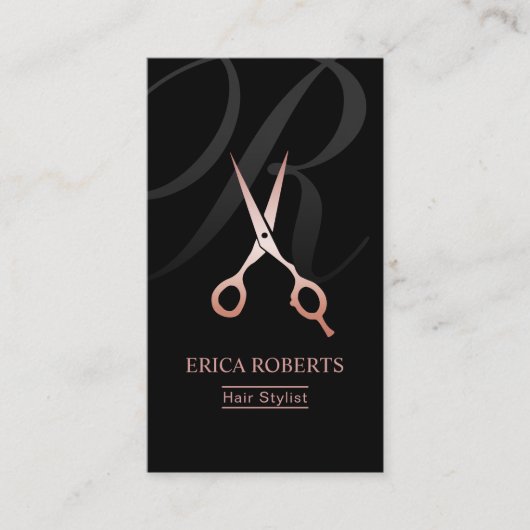 Haar Stylist Monogram Script Roos Gold Scissor Visitekaartje (Voorkant)