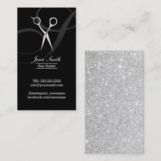 Haar Stylist Monogram Script Silver Scissor Modern Visitekaartje (Voorkant / Achterkant)