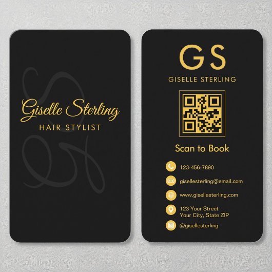 Haar Stylist Monogram Zwart Goud QR Code Schoonhei Visitekaartje