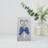 Haar Stylist Navy Blue Bow Schaar Zilveren Glitter Visitekaartje (Staand voorkant)