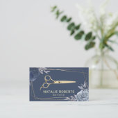 Haar Stylist Navy Blue Floral Geometrisch Goud Lij Visitekaartje (Staand voorkant)