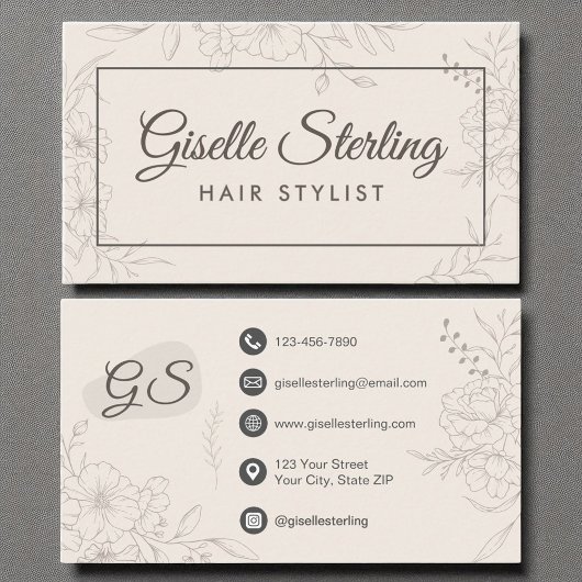 Haar Stylist Neutraal Ivoor Floral Elegant Script Visitekaartje