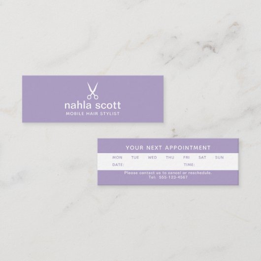 Haar Stylist Paarse Mini Afspraakkaart Mini Visitekaartje (Voorkant / Achterkant)