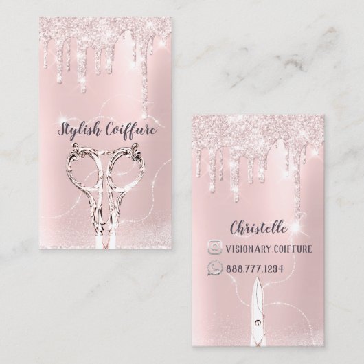Haar Stylist Pinky Drift Glitter Coiffure Scissors Visitekaartje (Voorkant / Achterkant)