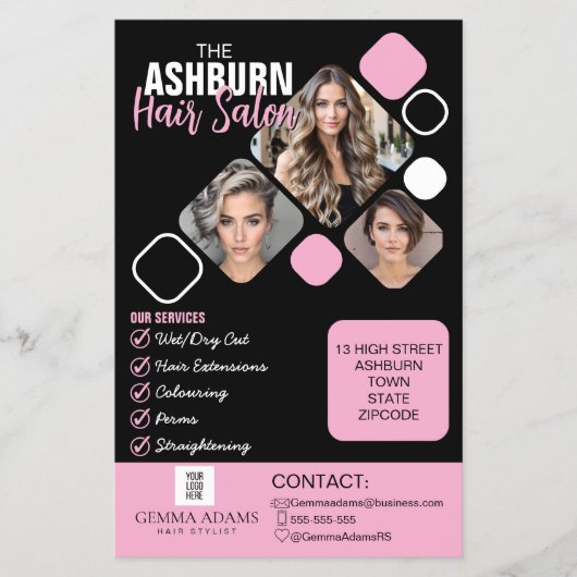 Haar Stylist Poster - Custom Design in Zwart roze Flyer (Voorkant)