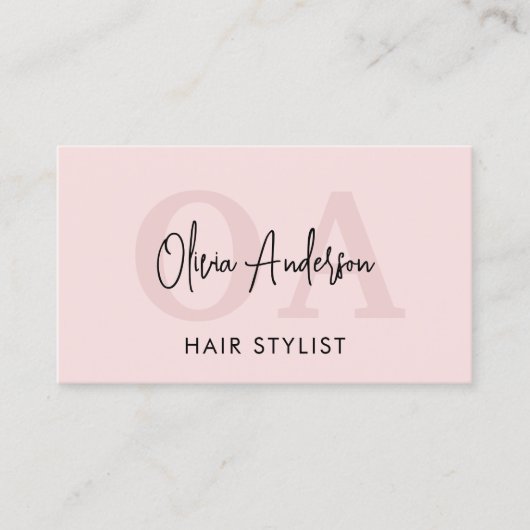 Haar Stylist QR Code Monogram Blush Pink Visitekaartje (Voorkant)