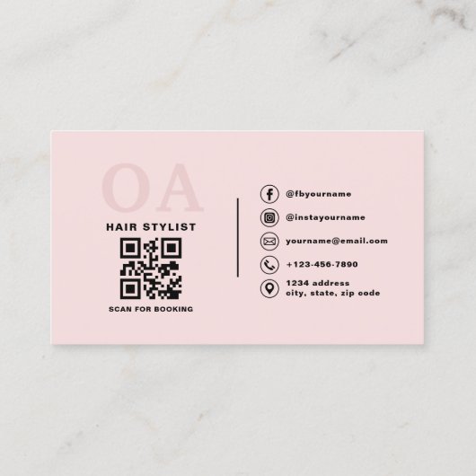 Haar Stylist QR Code Monogram Blush Pink Visitekaartje (Achterkant)