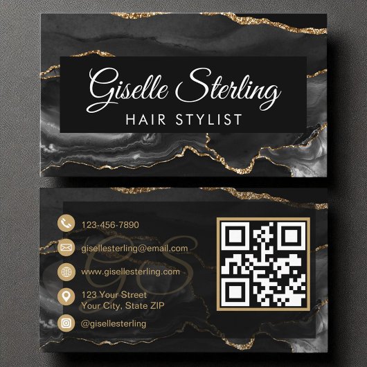 Haar Stylist QR Code Zwart Goud Agaat Luxe Visitekaartje