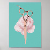 Haar Stylist Roos Gold Scissor & Flower Blauwgroen Poster (Voorkant)