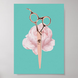 Haar Stylist Roos Gold Scissor & Flower Blauwgroen Poster