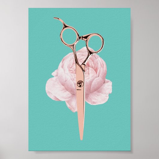 Haar Stylist Roos Gold Scissor & Flower Blauwgroen Poster (Voorkant)