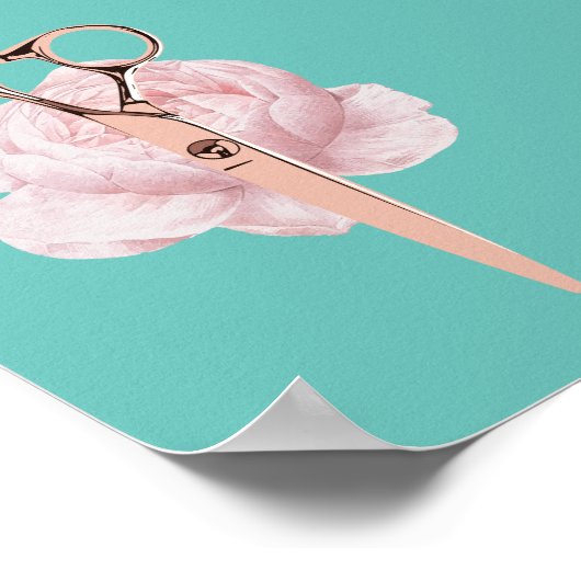 Haar Stylist Roos Gold Scissor & Flower Blauwgroen Poster (Hoek)