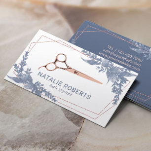 Haar Stylist Roos Gouden Schaar  Blauw Bladeren Visitekaartje