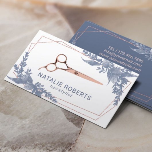Haar Stylist Roos Gouden Schaar Blauw Bladeren Visitekaartje