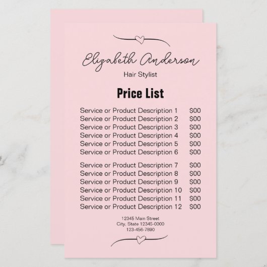 Haar Stylist Roze en Zwarte Naam Script Prijs Lijs (Voorkant / Achterkant)