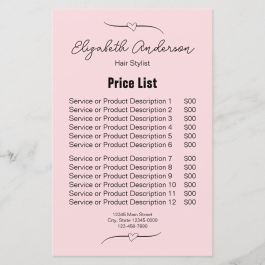 Haar Stylist Roze en Zwarte Naam Script Prijs Lijs (Voorkant)