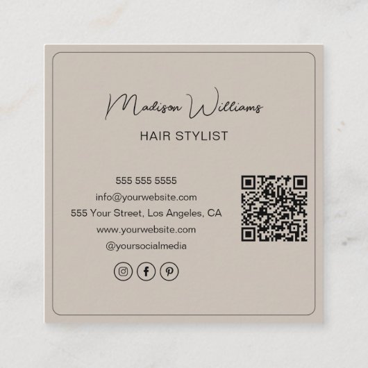 Haar Stylist Salon 3 Foto's QR Code Beige Vierkante Visitekaartje (Achterkant)